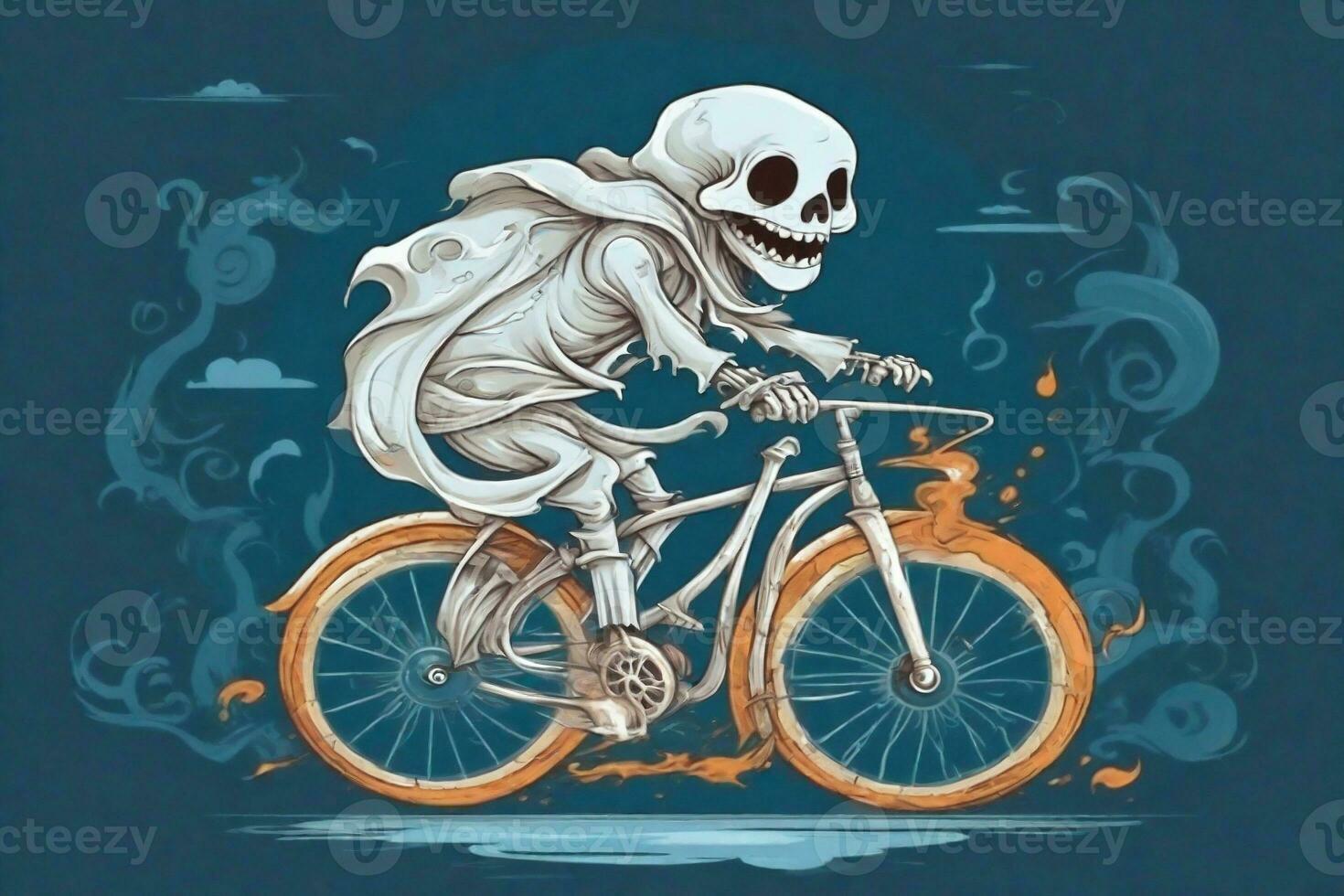 vit spöke ridning en cykel skrämmande halloween på Marin blå bakgrund foto