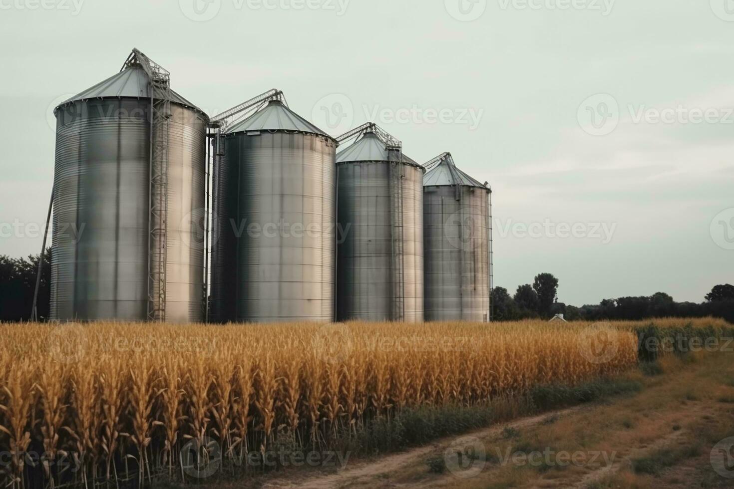 en uppsättning av silos för bearbetning jordbruks Produkter Nästa till en field.ai generativ foto