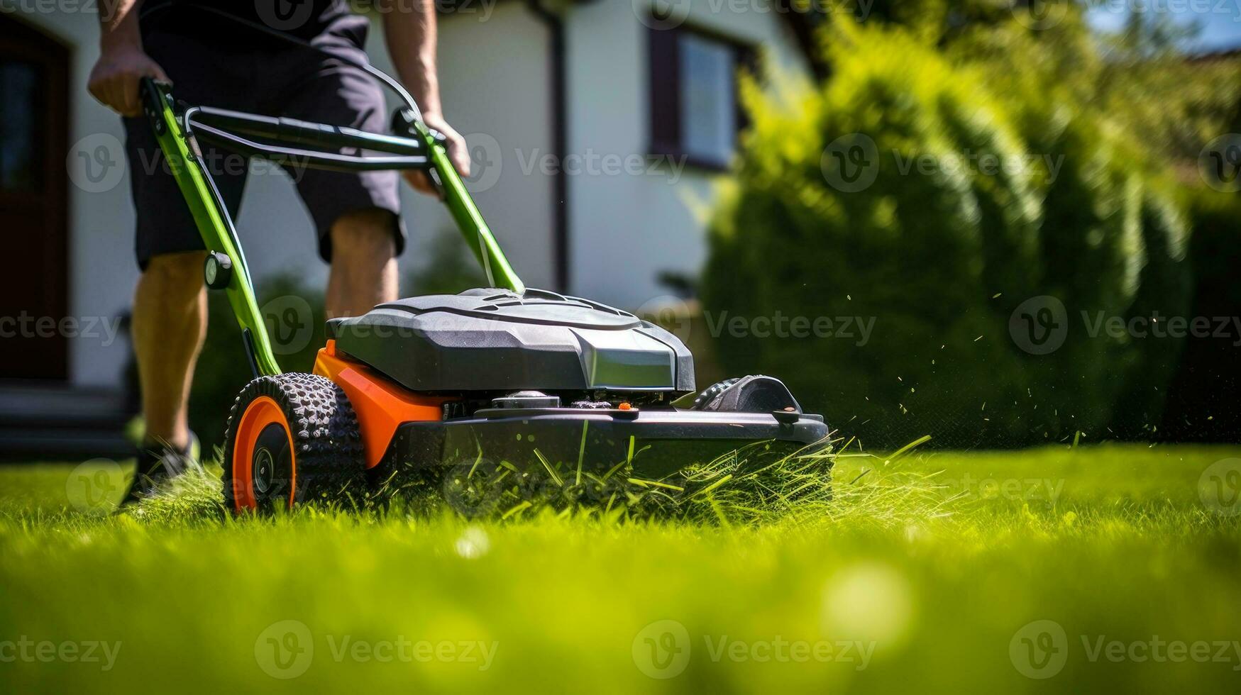 gräsmatta klippning i de gård generativ ai foto