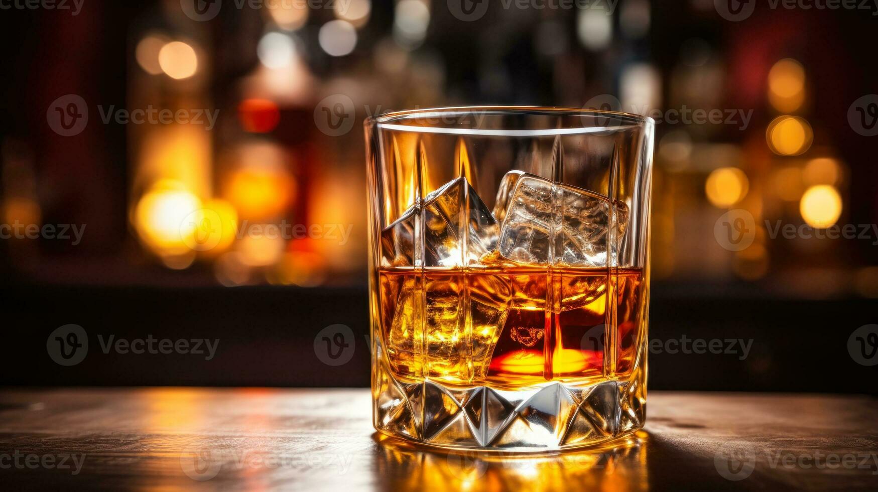 brun whisky i glas med is kub på de bar tabell generativ ai foto