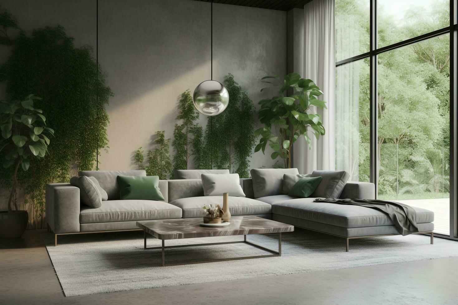 samtida möbel uppsättning i med soffa och grönska, ai genererad foto