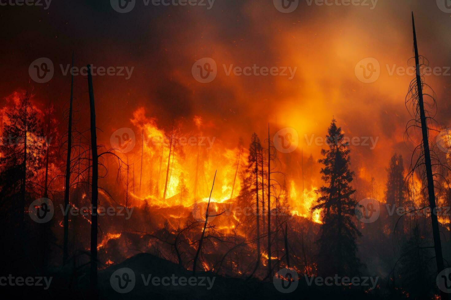 brand säkerhet i de skog, orange lågor Engulfed de träd generativ ai foto