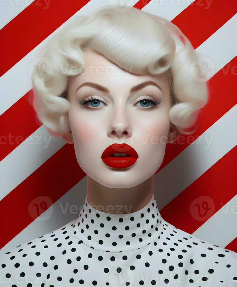 flicka med skön vit hår styled i 1920 stil, bär polka punkt blus, röd randig bakgrund, retro estetisk foto