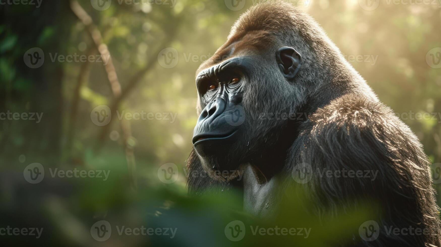 stänga upp gorilla porträtt i de skog med ai genererad foto