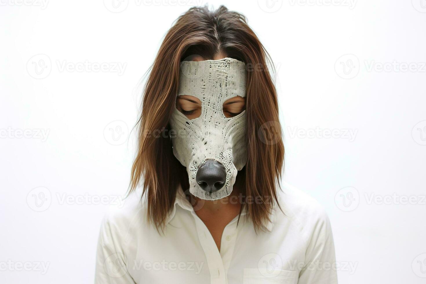 mode modell med hund huvud mask i blå jacka och röd kjol. ai generativ foto