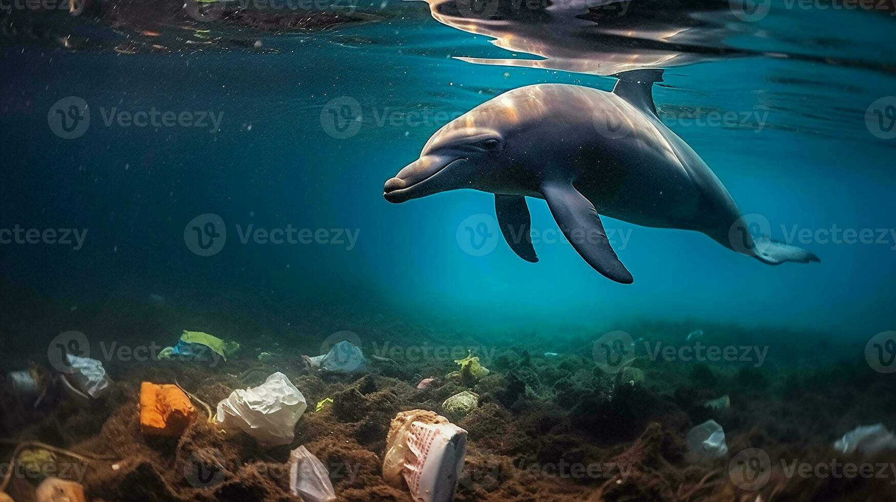 en delfin instängd i en plast väska i de hav. miljö- skydd. generativ ai foto