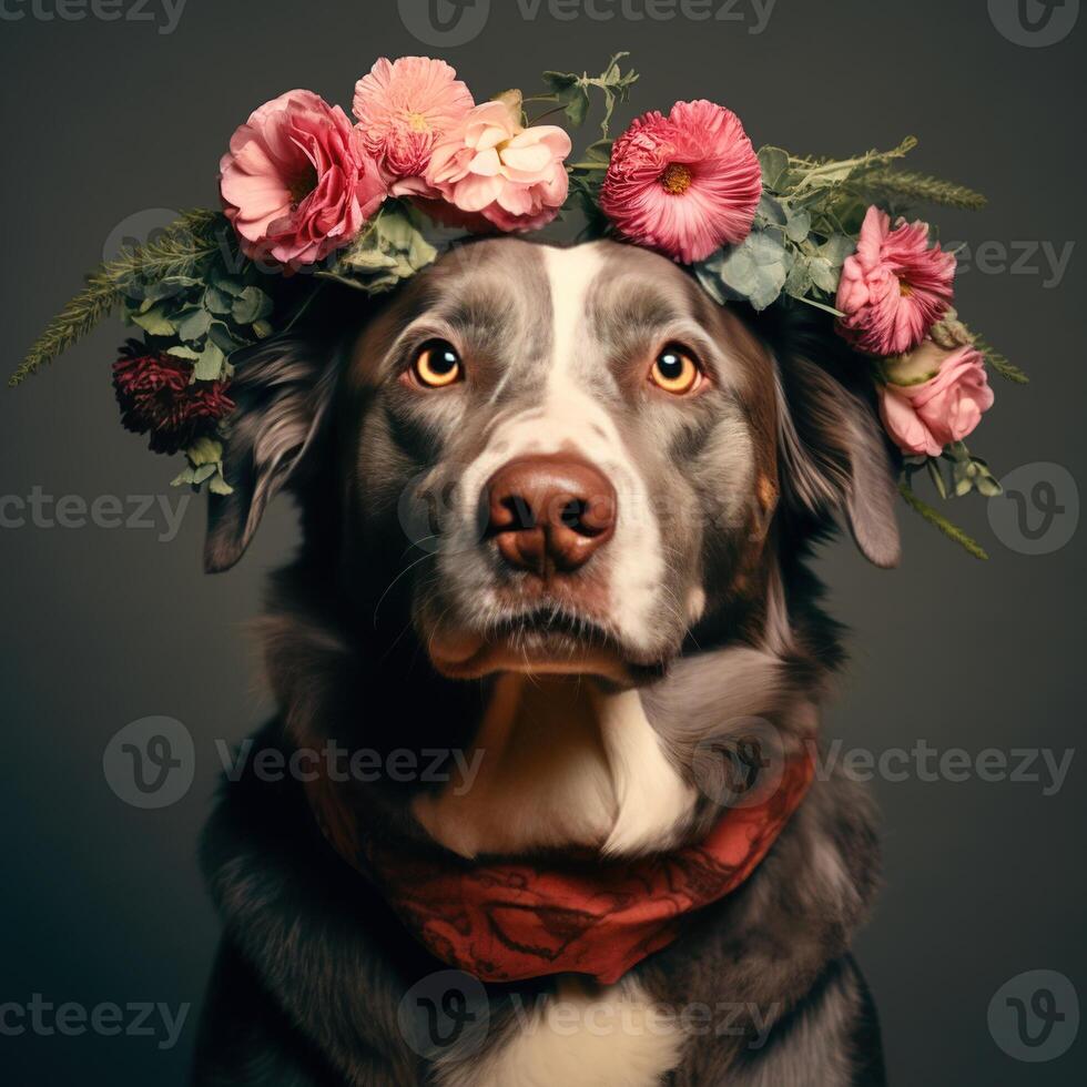 hund med blommor porträtt av tjur arab hund med blomma krona. ai generativ foto