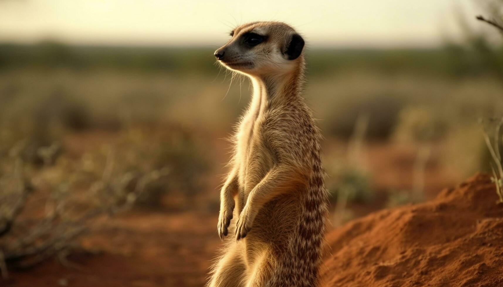 söt meerkat Sammanträde, varna, tittar på, i afrikansk vildmark, omgiven förbi natur genererad förbi ai foto