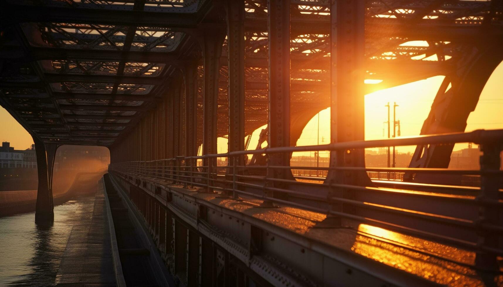 stål bro speglar solnedgång över vatten, ansluter natur och transport genererad förbi ai foto