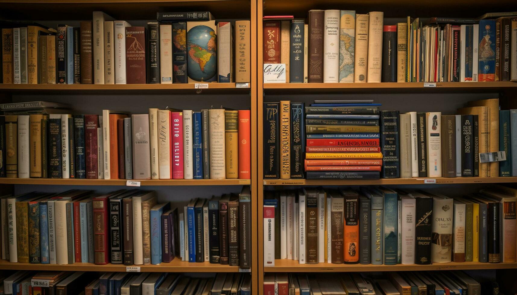 stor samling av gammal böcker på en trä- bokhylla inomhus genererad förbi ai foto