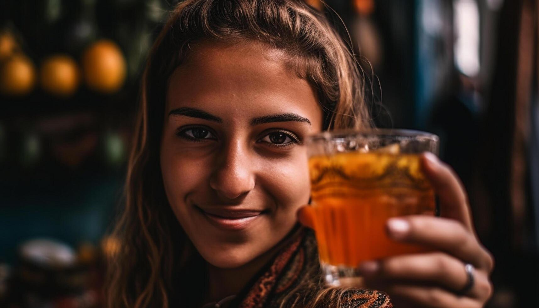 leende ung vuxen kvinna njuter dryck på pub, ser glad genererad förbi ai foto