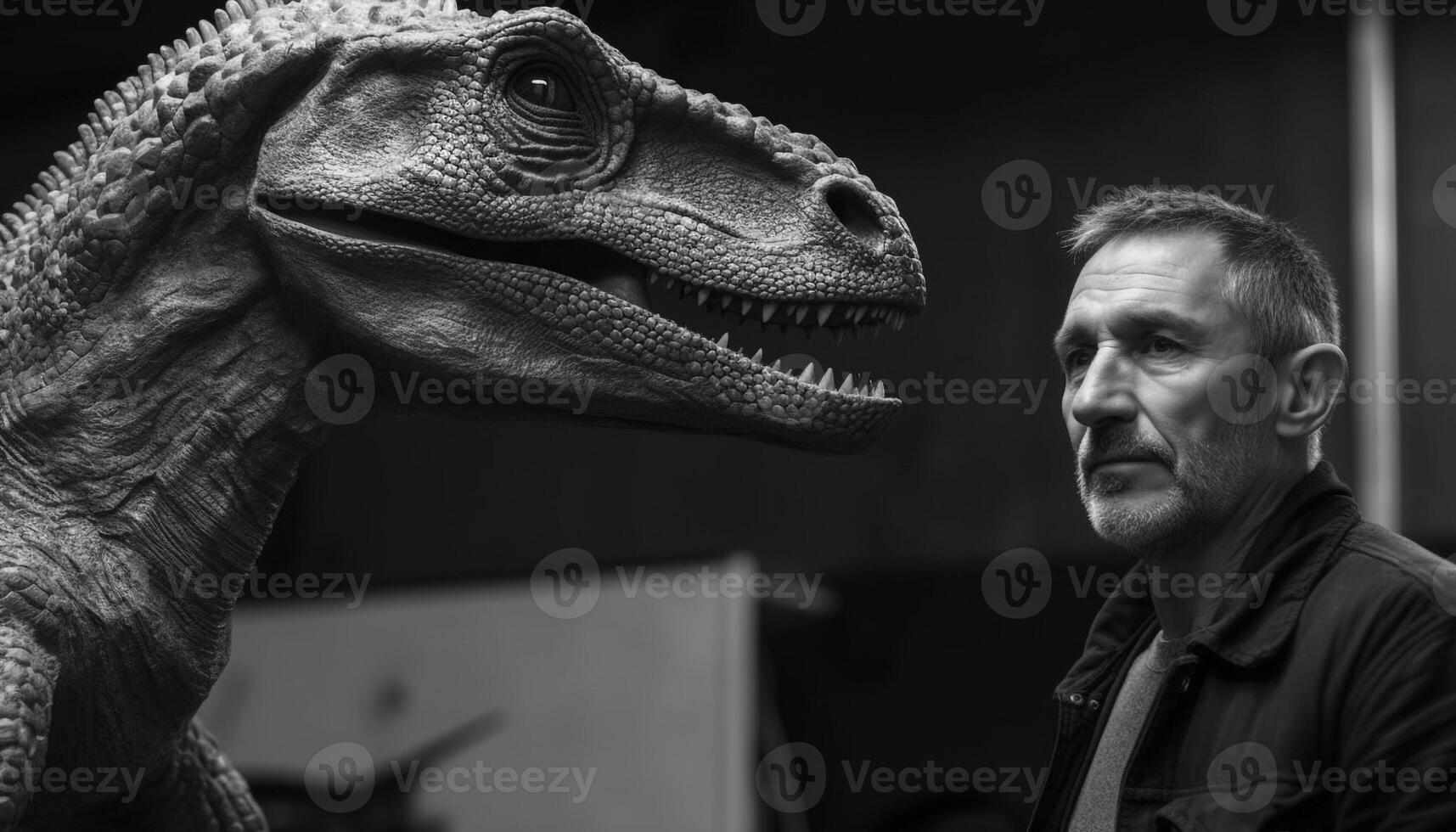 gammal man med en skägg leende, innehav en leksak dinosaurie genererad förbi ai foto