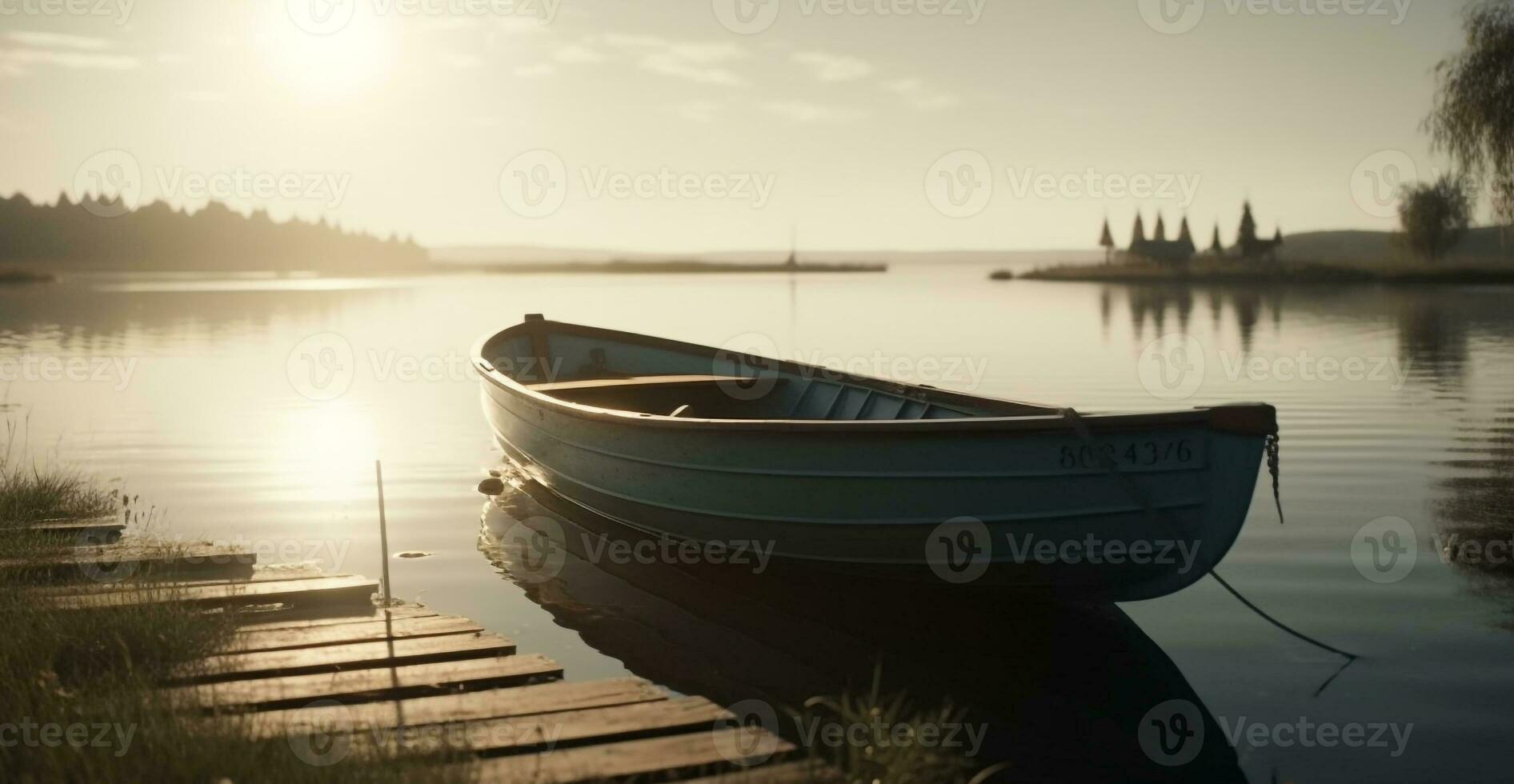 lugn scen solnedgång speglar på lugn damm, gammal roddbåt förtöjd genererad förbi ai foto