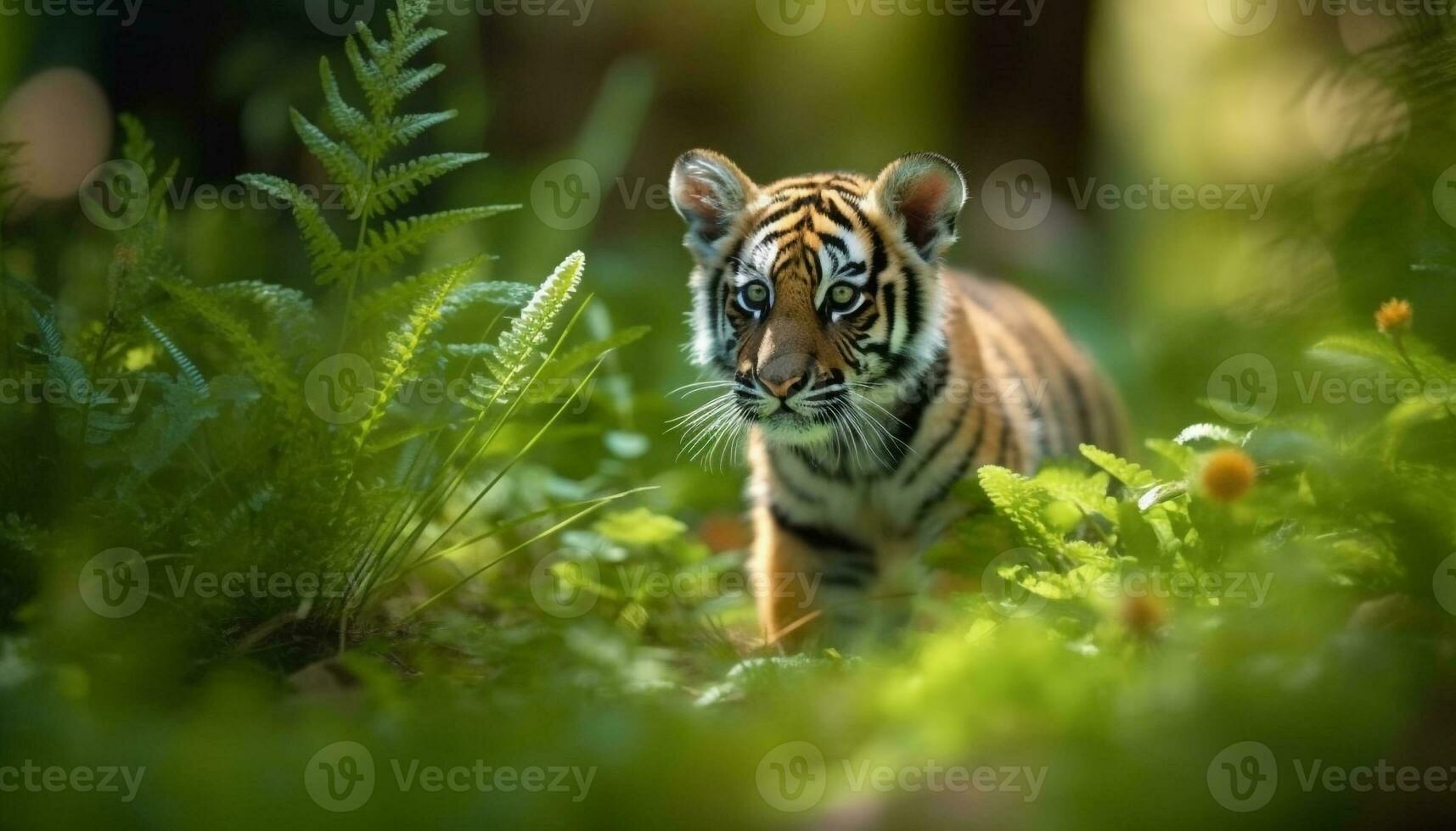 en söt ung tiger gående i de skog, stirrande våldsamt genererad förbi ai foto