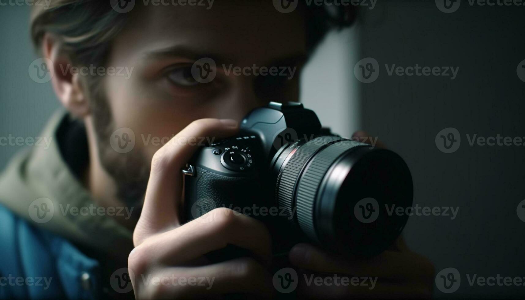 en professionell fotograf fångar kreativ bilder med hans kamera genererad förbi ai foto