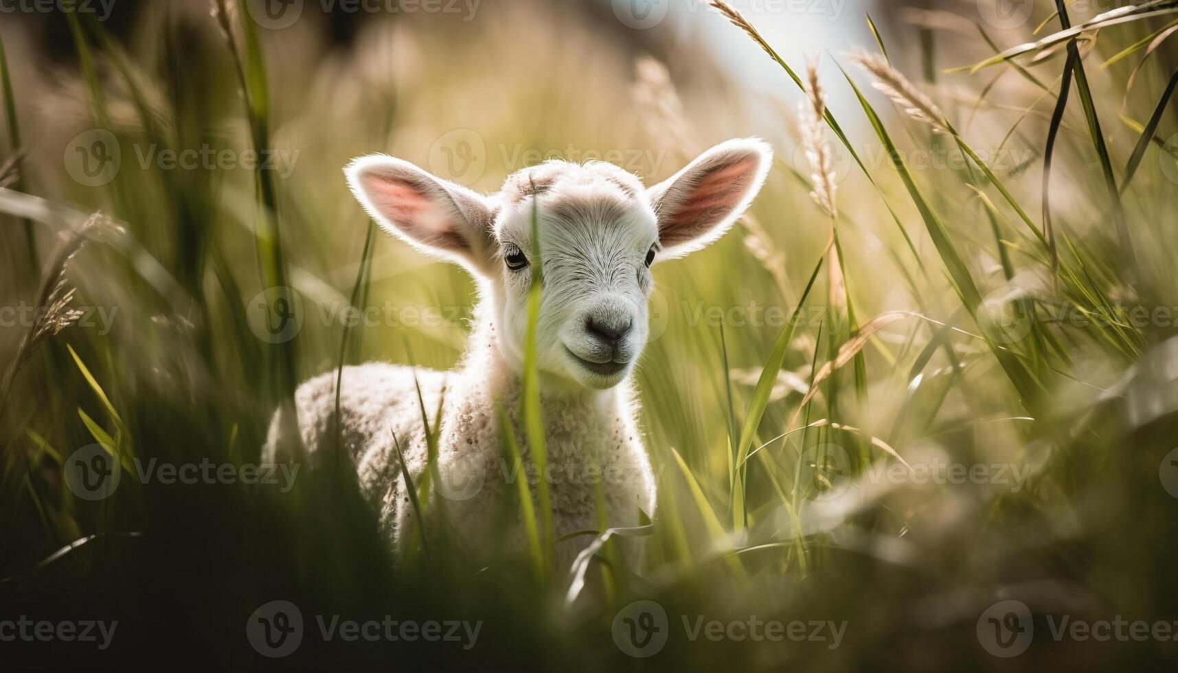 söt lamm betning i grön äng, omgiven förbi natur skönhet genererad förbi ai foto