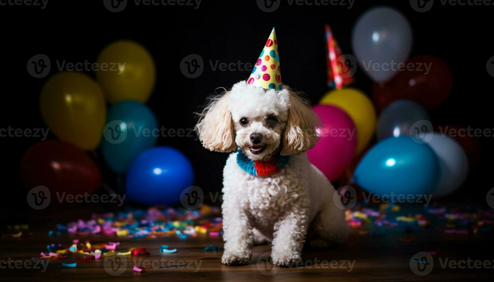 söt valp firar födelsedag med färgrik ballonger och lekfull leksaker genererad förbi ai foto