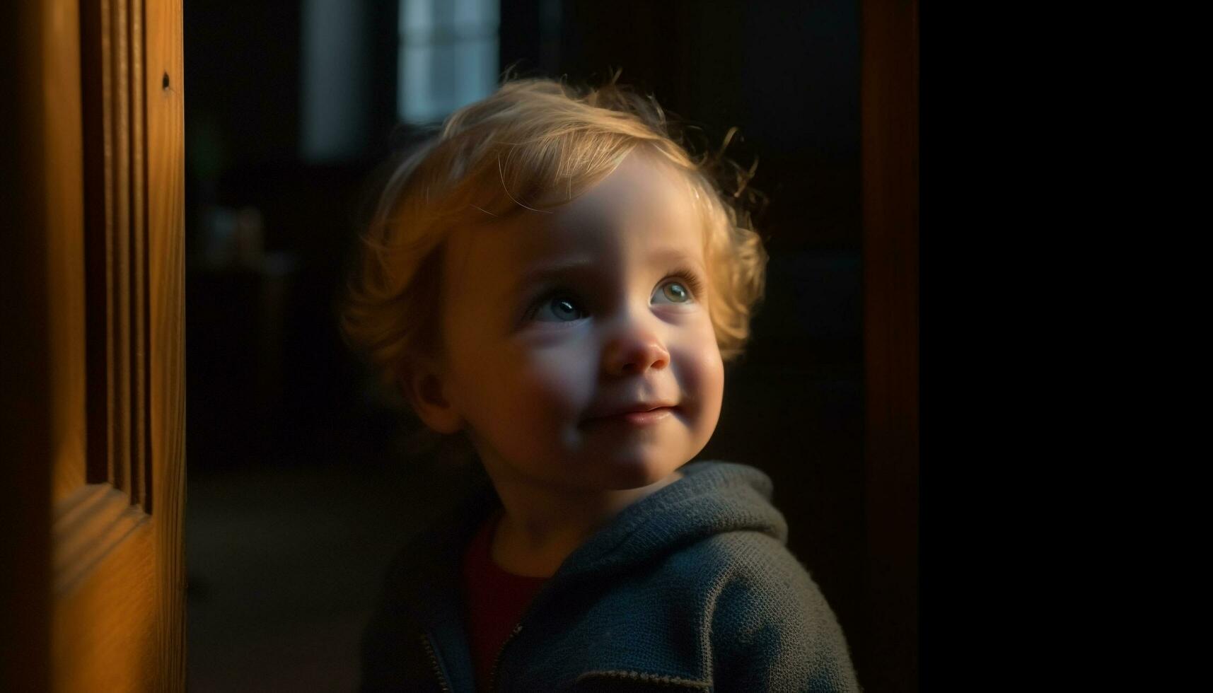 en söt caucasian barn leende, ser på kamera med lycka genererad förbi ai foto