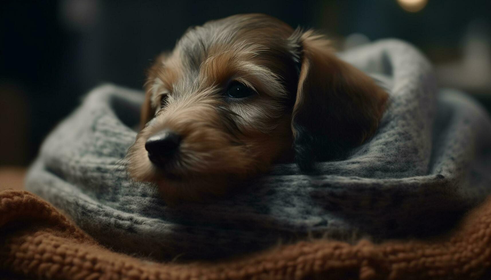 söt valp, små och fluffig, ser på kamera med tillgivenhet genererad förbi ai foto