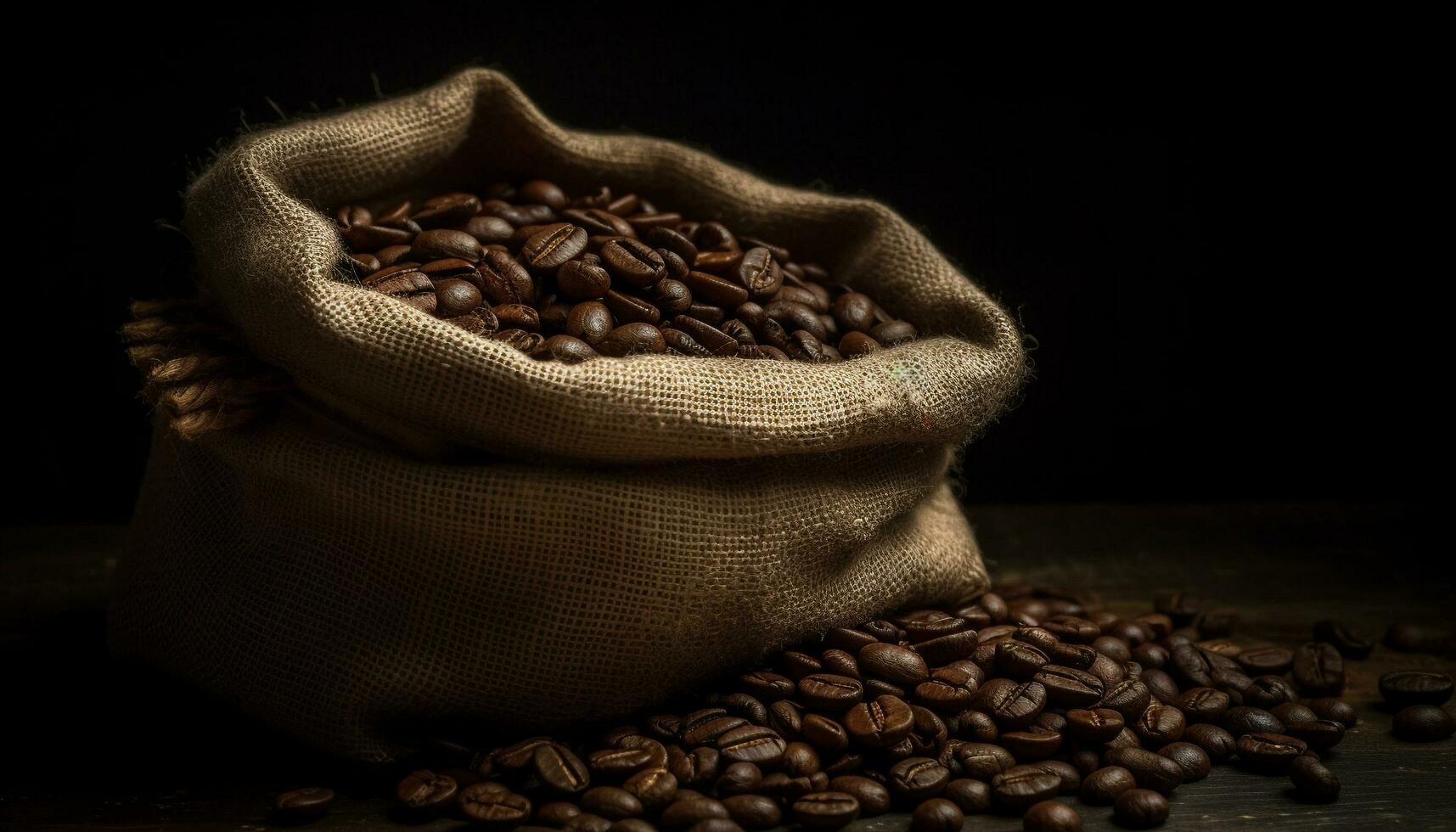 mörk rostad kaffe bönor i en säckväv säck, en koffein glädje genererad förbi ai foto