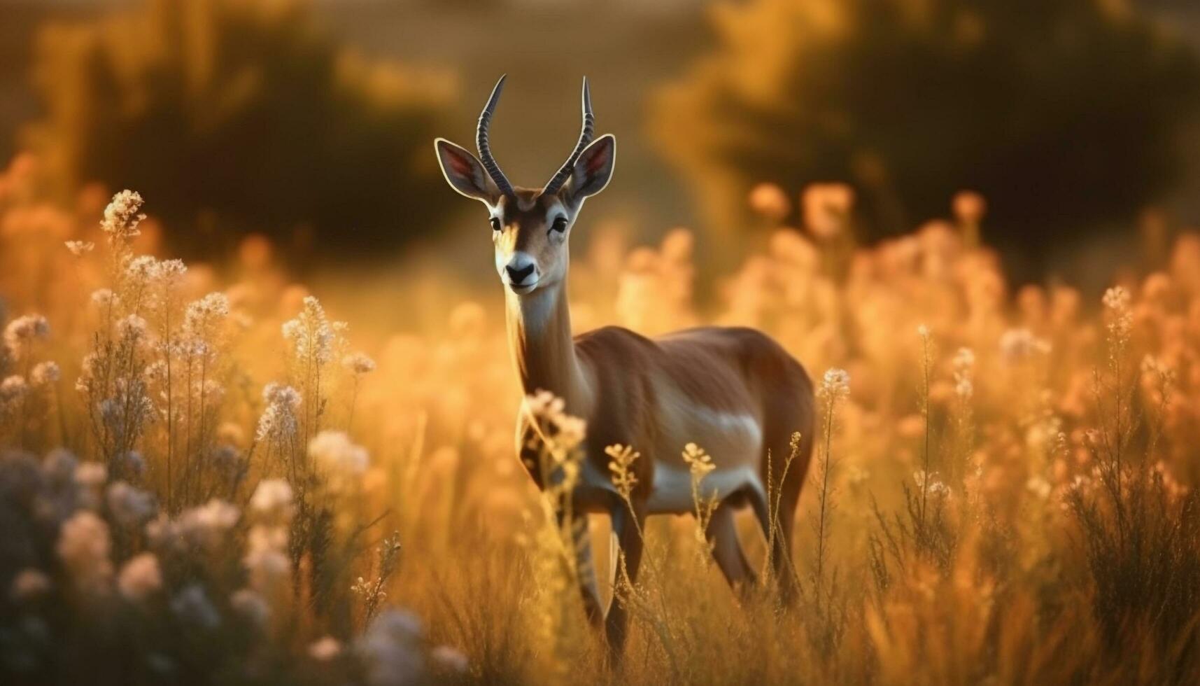 impala stående i de gräs, ser på de solnedgång genererad förbi ai foto