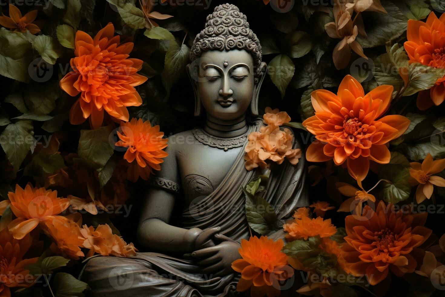 buddha staty omgiven förbi orange blommor på en svart bakgrund ai genererad foto