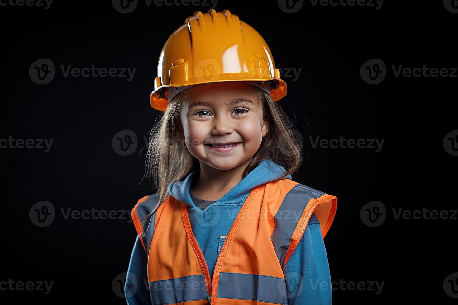 porträtt av en leende liten flicka i en konstruktion hjälm ai genererad foto