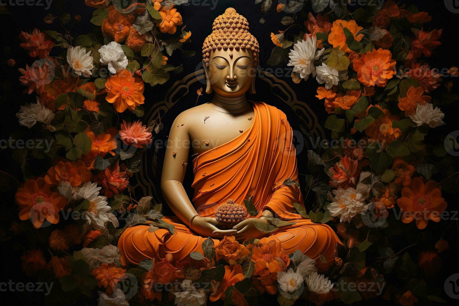 buddha staty omgiven förbi orange blommor på en svart bakgrund ai genererad foto