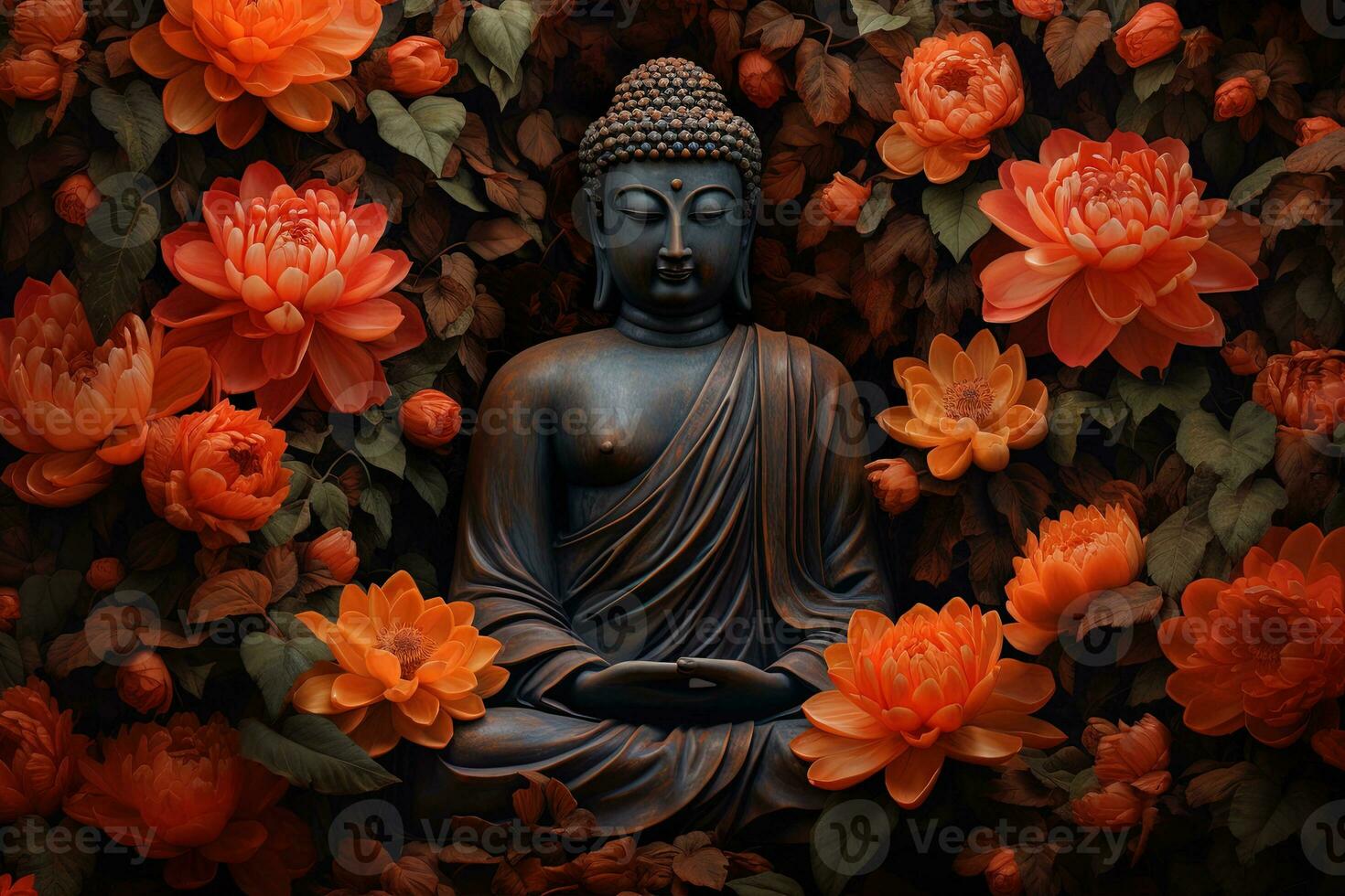 buddha staty omgiven förbi orange blommor på en svart bakgrund ai genererad foto