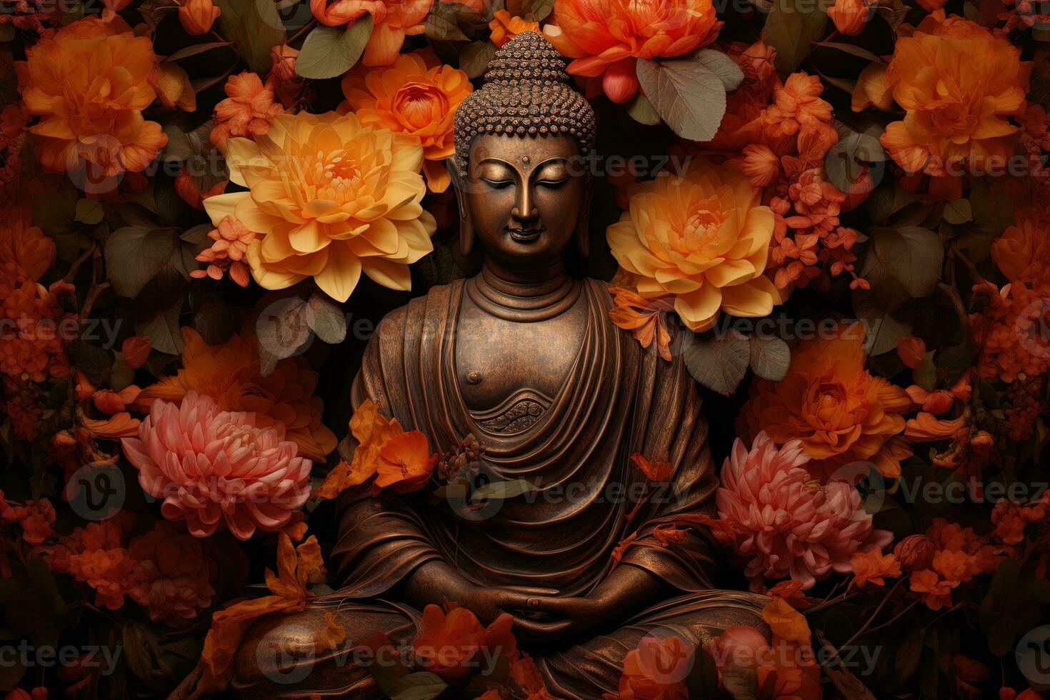 buddha staty omgiven förbi orange blommor på en svart bakgrund ai genererad foto