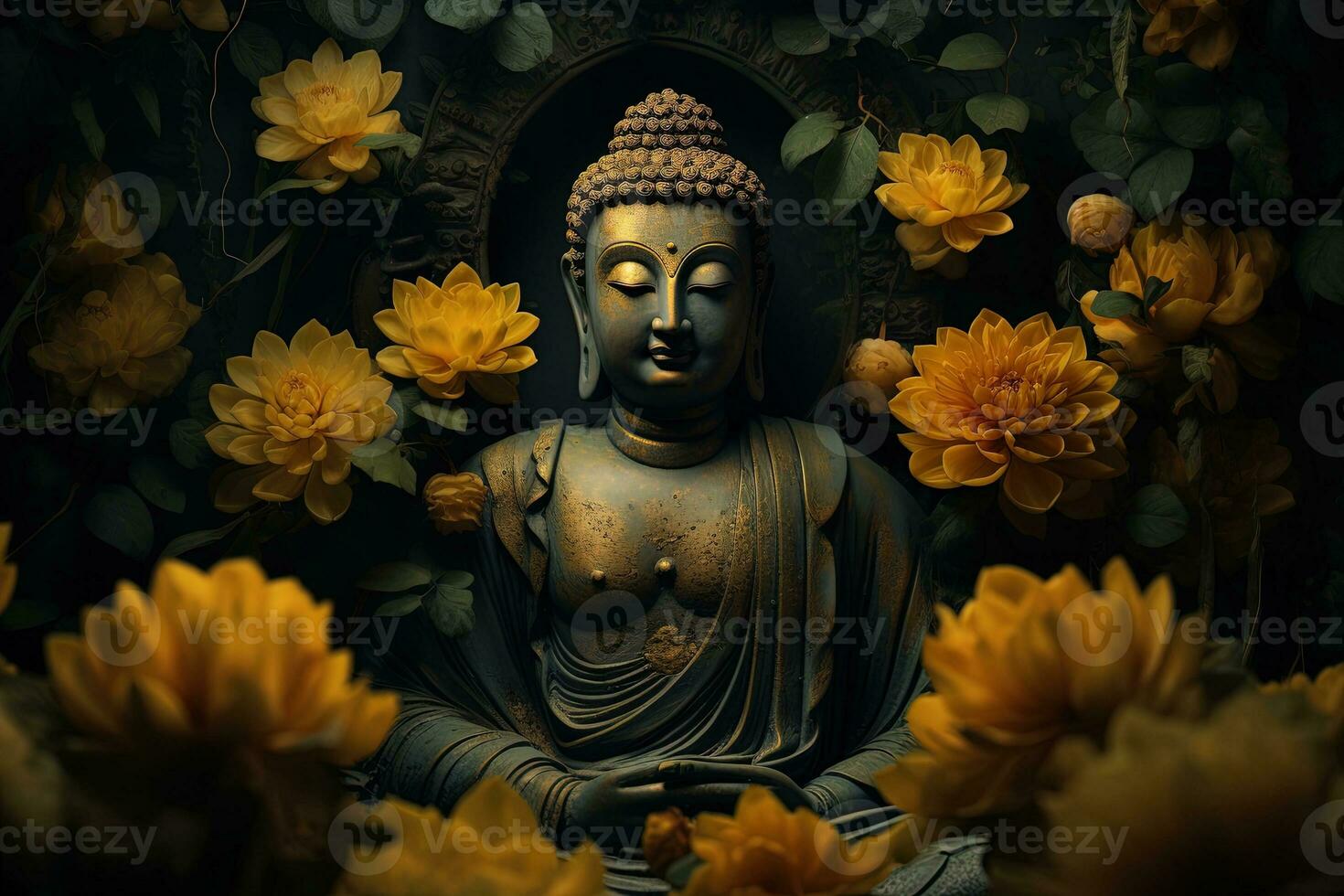 buddha staty omgiven förbi gul blommor ai genererad foto