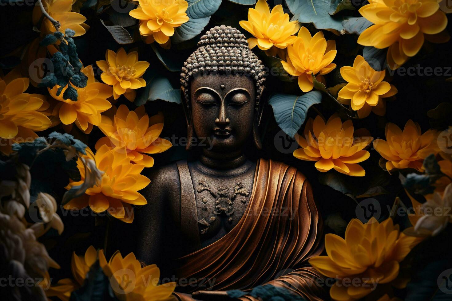 en gyllene buddha staty omgiven förbi blommor ai genererad foto