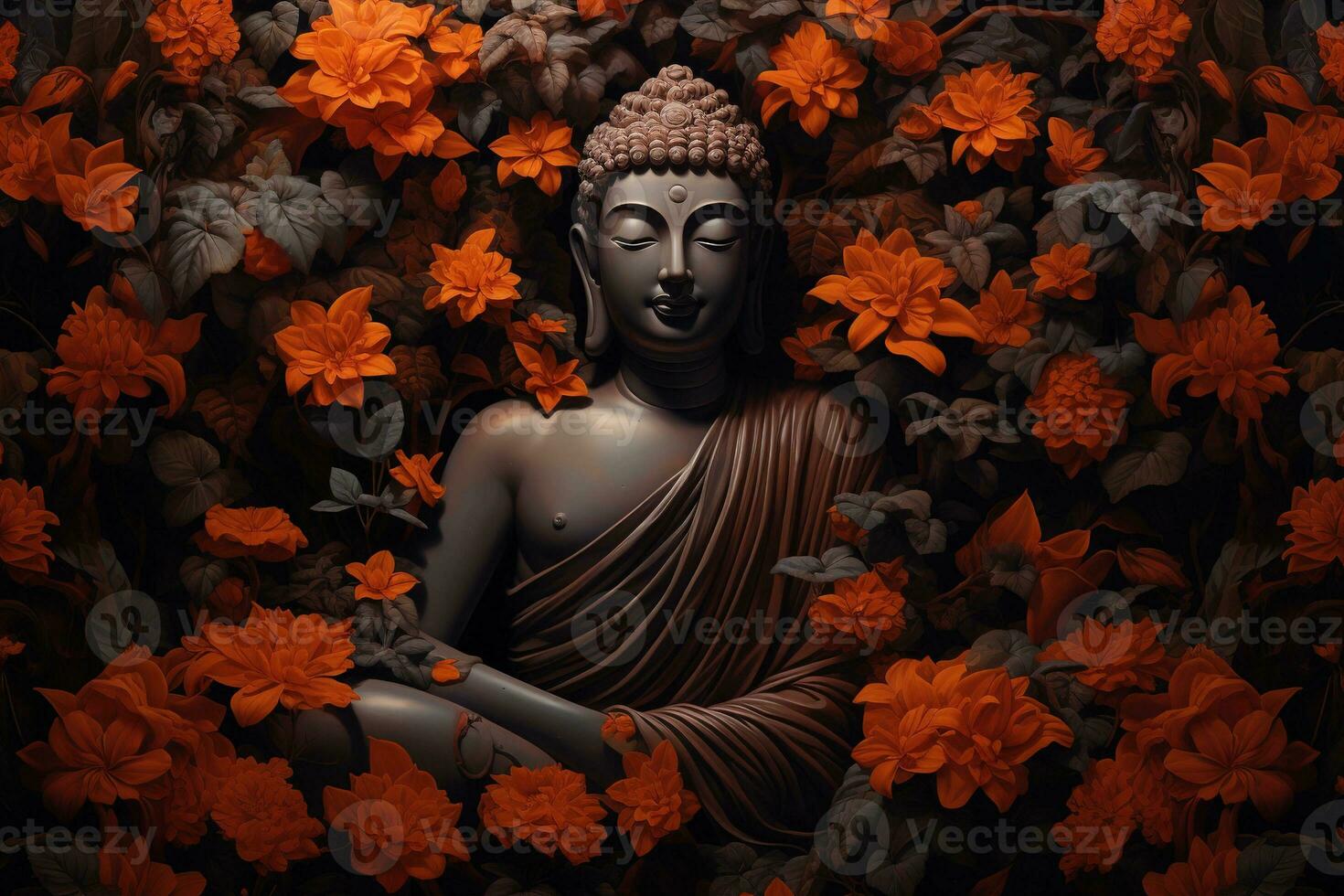 buddha staty omgiven förbi orange blommor på en svart bakgrund ai genererad foto