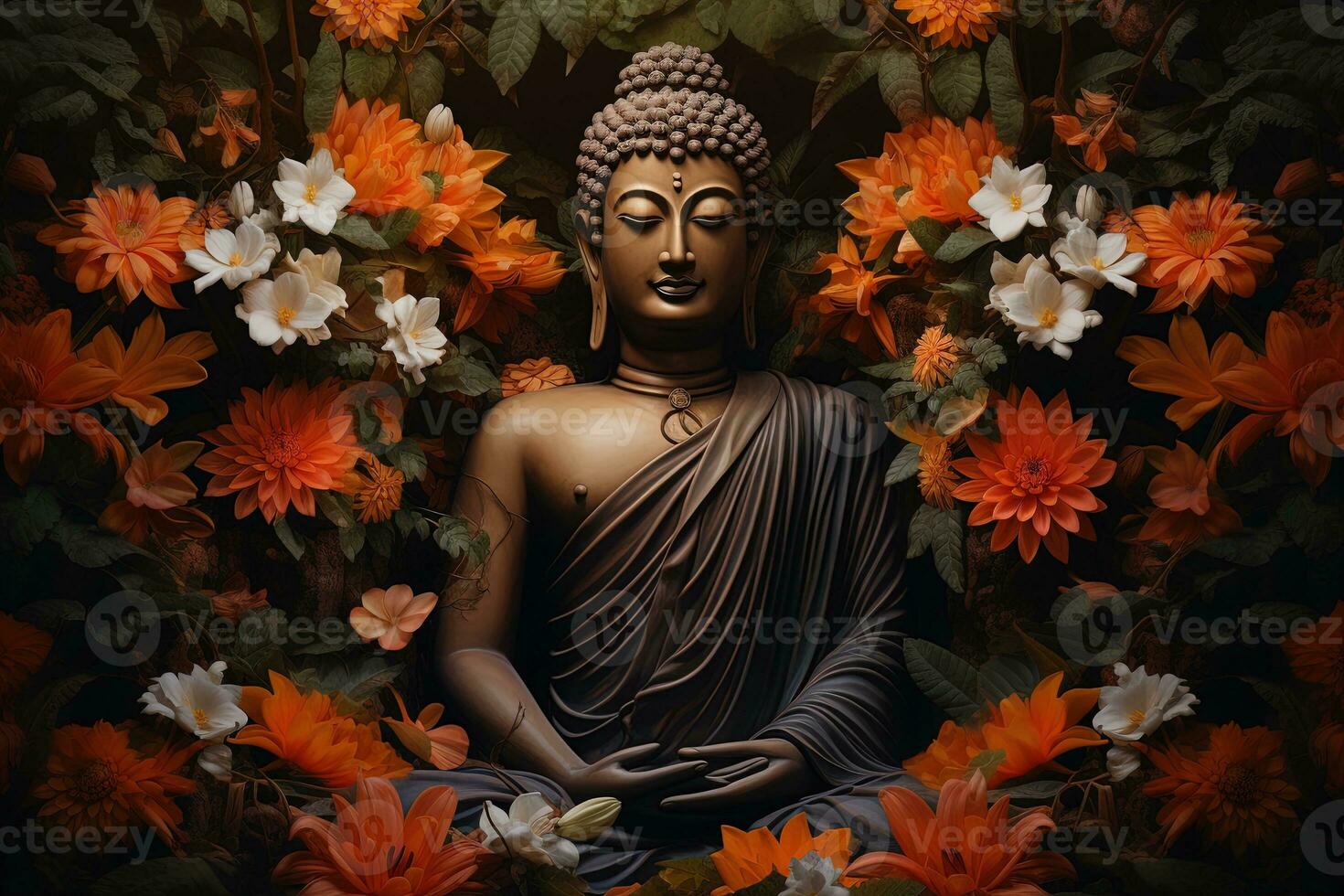 buddha staty omgiven förbi orange blommor på en svart bakgrund ai genererad foto