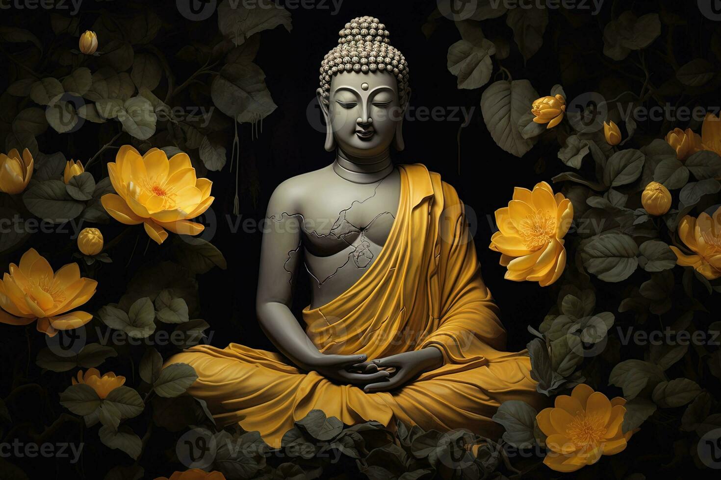 en gyllene buddha staty omgiven förbi blommor ai genererad foto