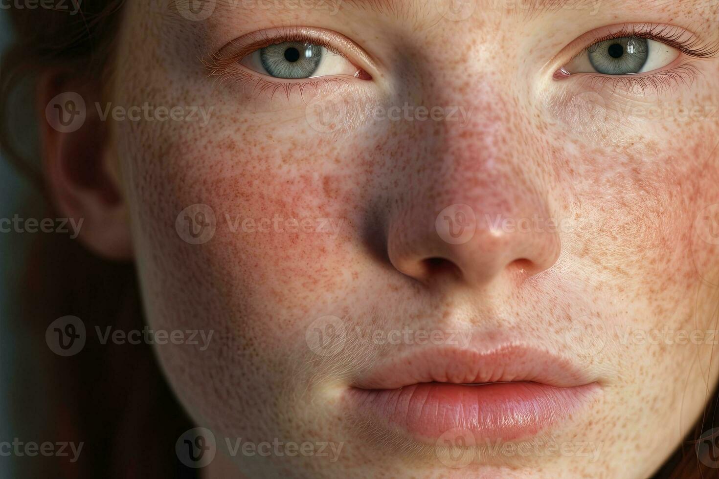 en stänga upp av en kvinna med fräknar, rosacea couperose rodnad hud ai genererad foto