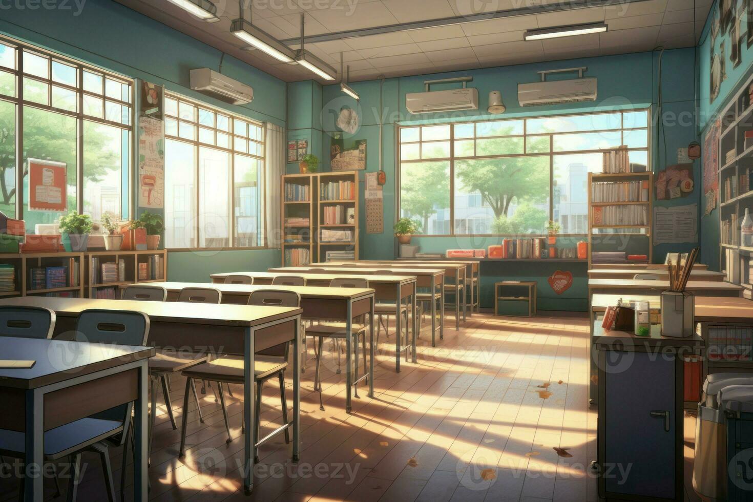 klassrum Semester anime visuell ny spel. generera ai foto
