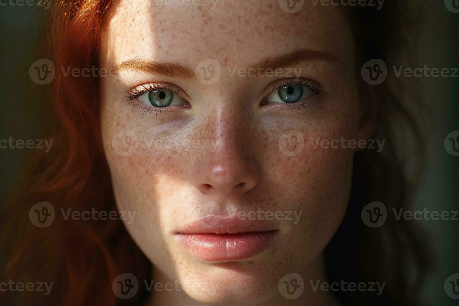 en stänga upp av en kvinna med fräknar, rosacea couperose rodnad hud ai genererad foto