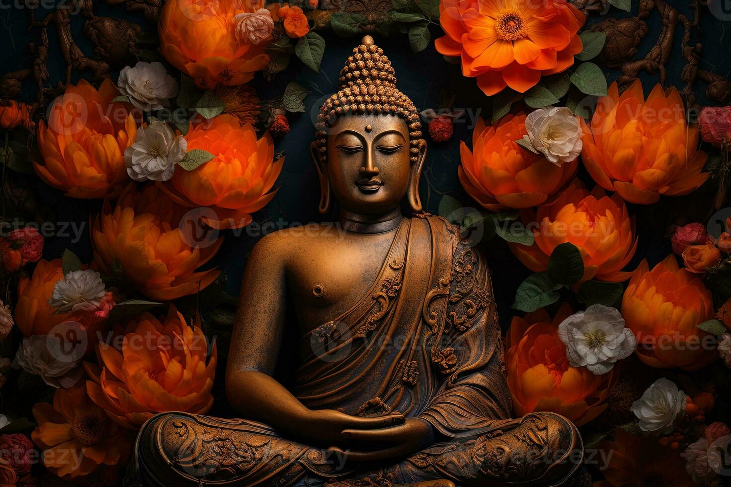 buddha staty omgiven förbi orange blommor på en svart bakgrund ai genererad foto