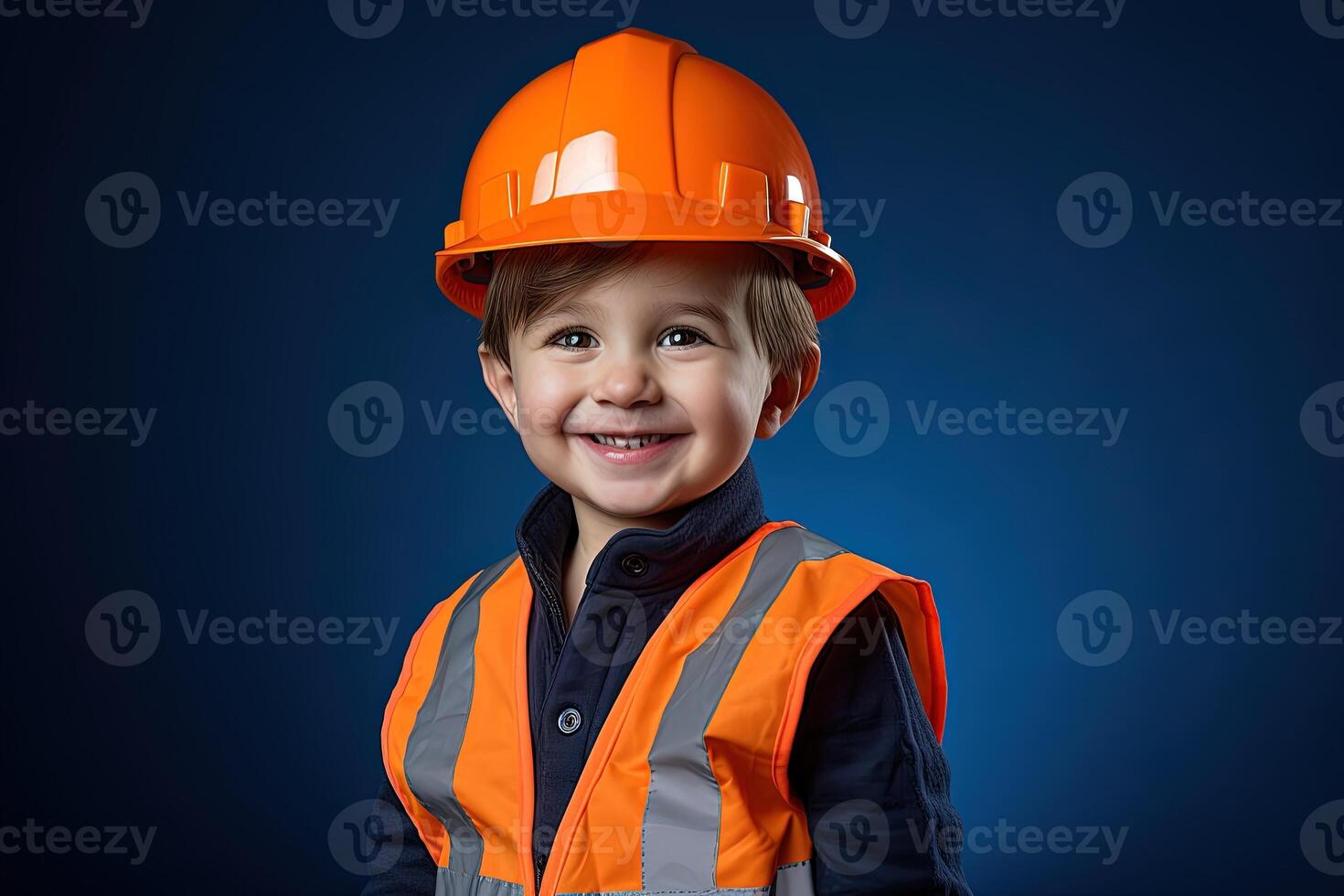 porträtt av en söt liten pojke i en konstruktion hjälm ai genererad foto