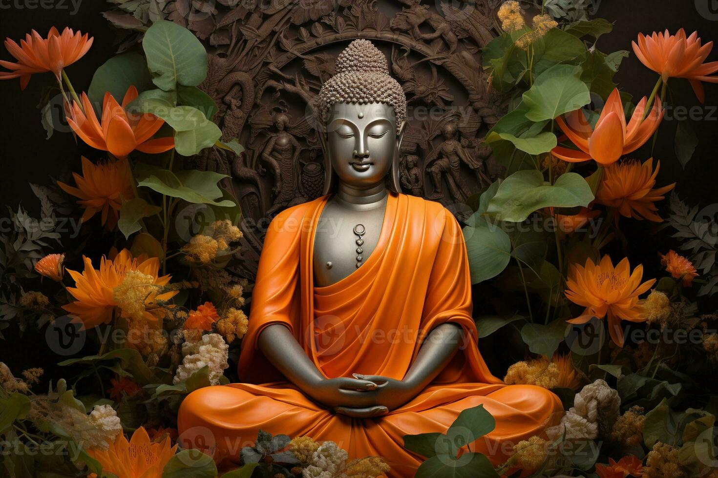 buddha staty omgiven förbi orange blommor på en svart bakgrund ai genererad foto