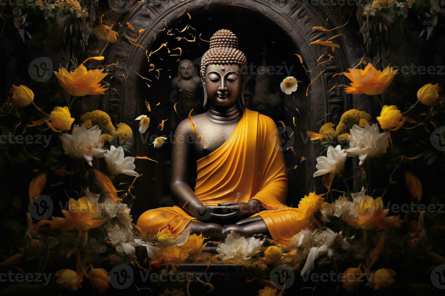 buddha staty omgiven förbi gul blommor ai genererad foto