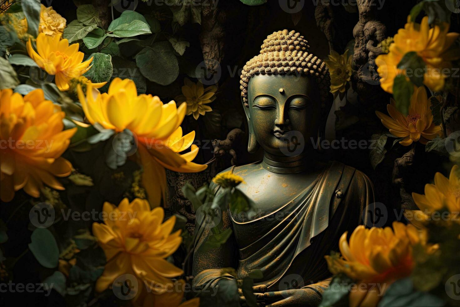 en gyllene buddha staty omgiven förbi blommor ai genererad foto