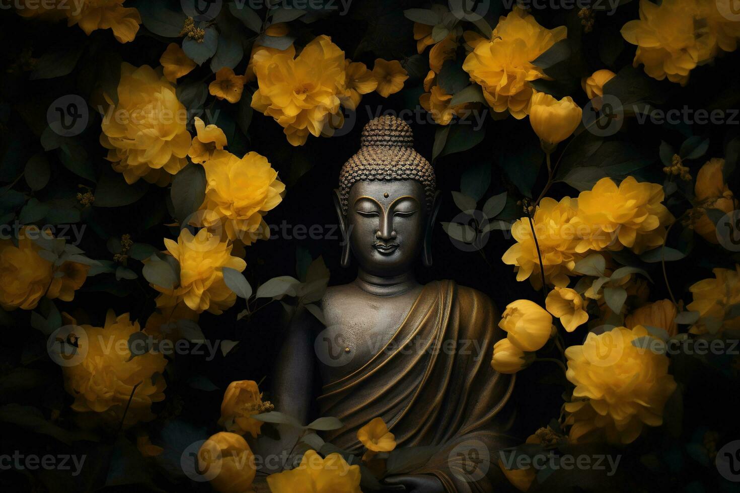 en gyllene buddha staty omgiven förbi blommor ai genererad foto