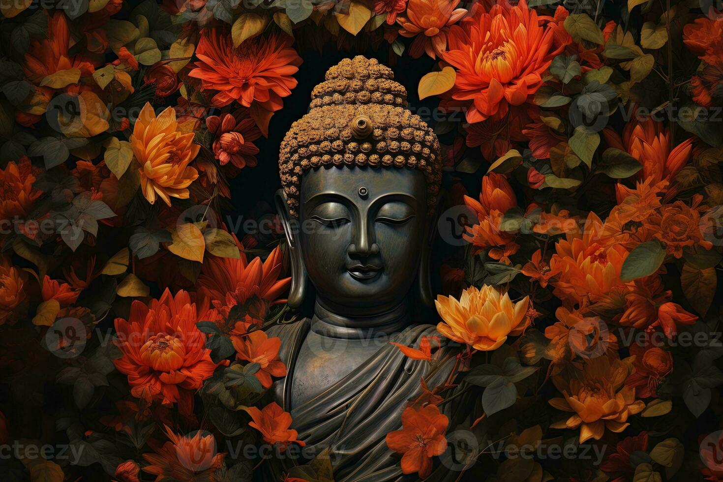 buddha staty omgiven förbi orange blommor på en svart bakgrund ai genererad foto