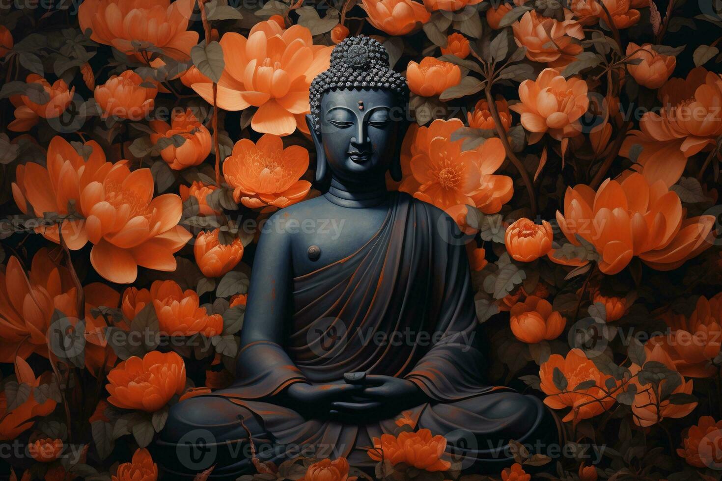 buddha staty omgiven förbi orange blommor på en svart bakgrund ai genererad foto