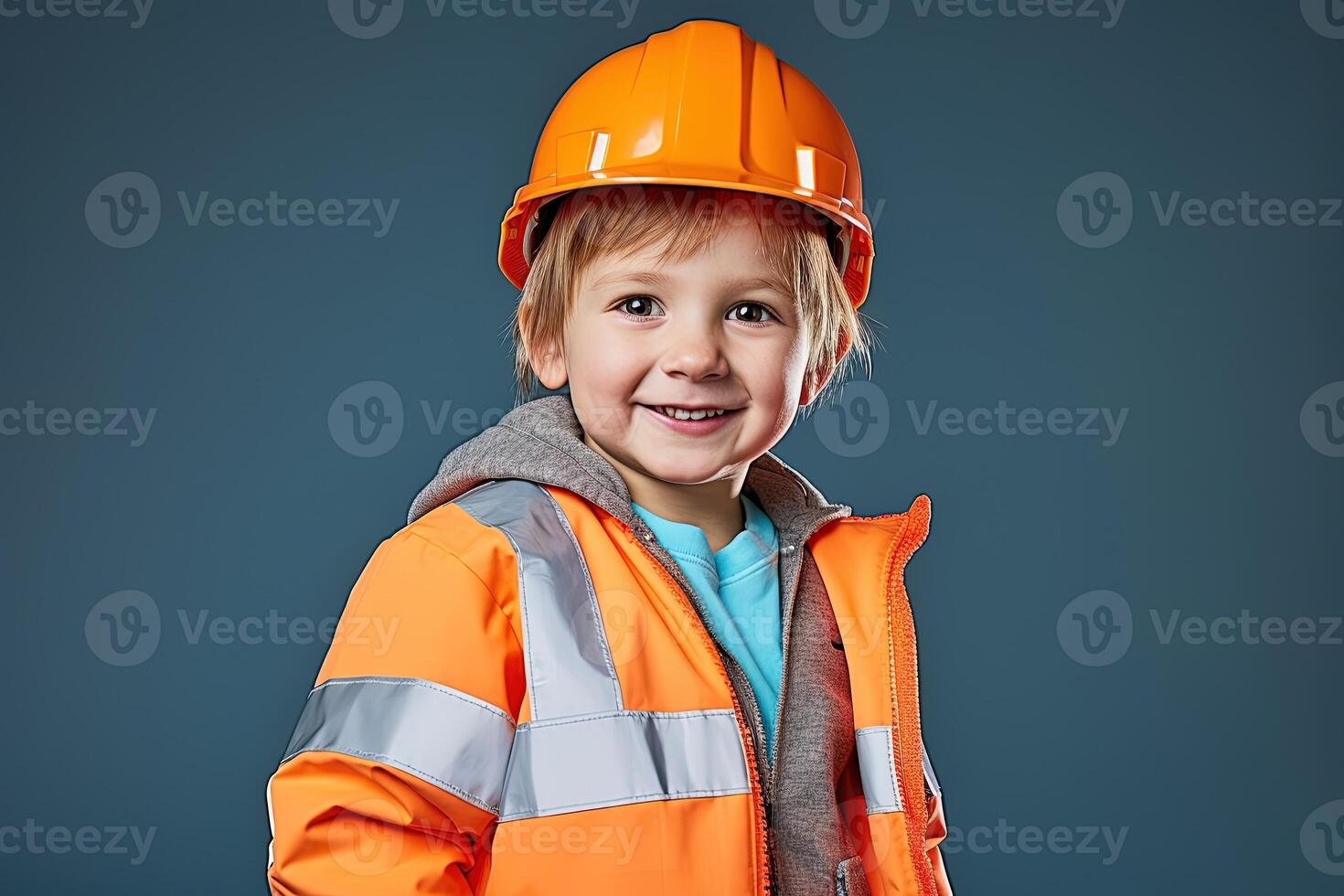 porträtt av en söt liten pojke i en konstruktion hjälm ai genererad foto