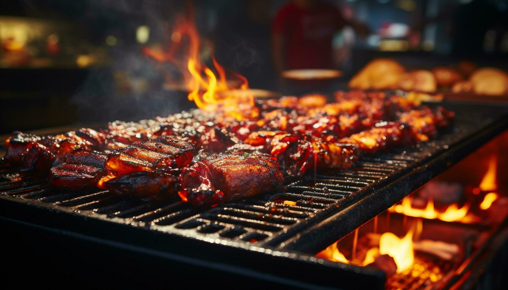 grillad kött på utegrill, flamma, kol, värme, gourmet, rök, picknick genererad förbi ai foto