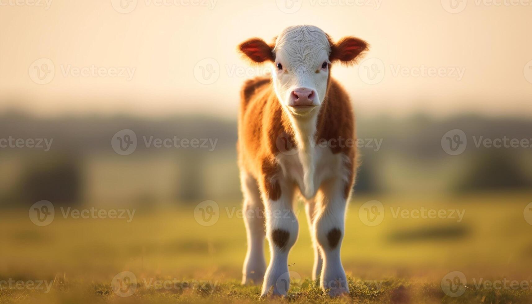 söt ko betning på grön äng på solnedgång, lantlig skönhet genererad förbi ai foto