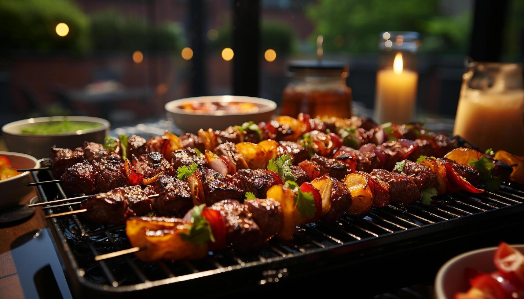 grillad kött grillspett på brand, en naturlig fenomen av värme genererad förbi ai foto